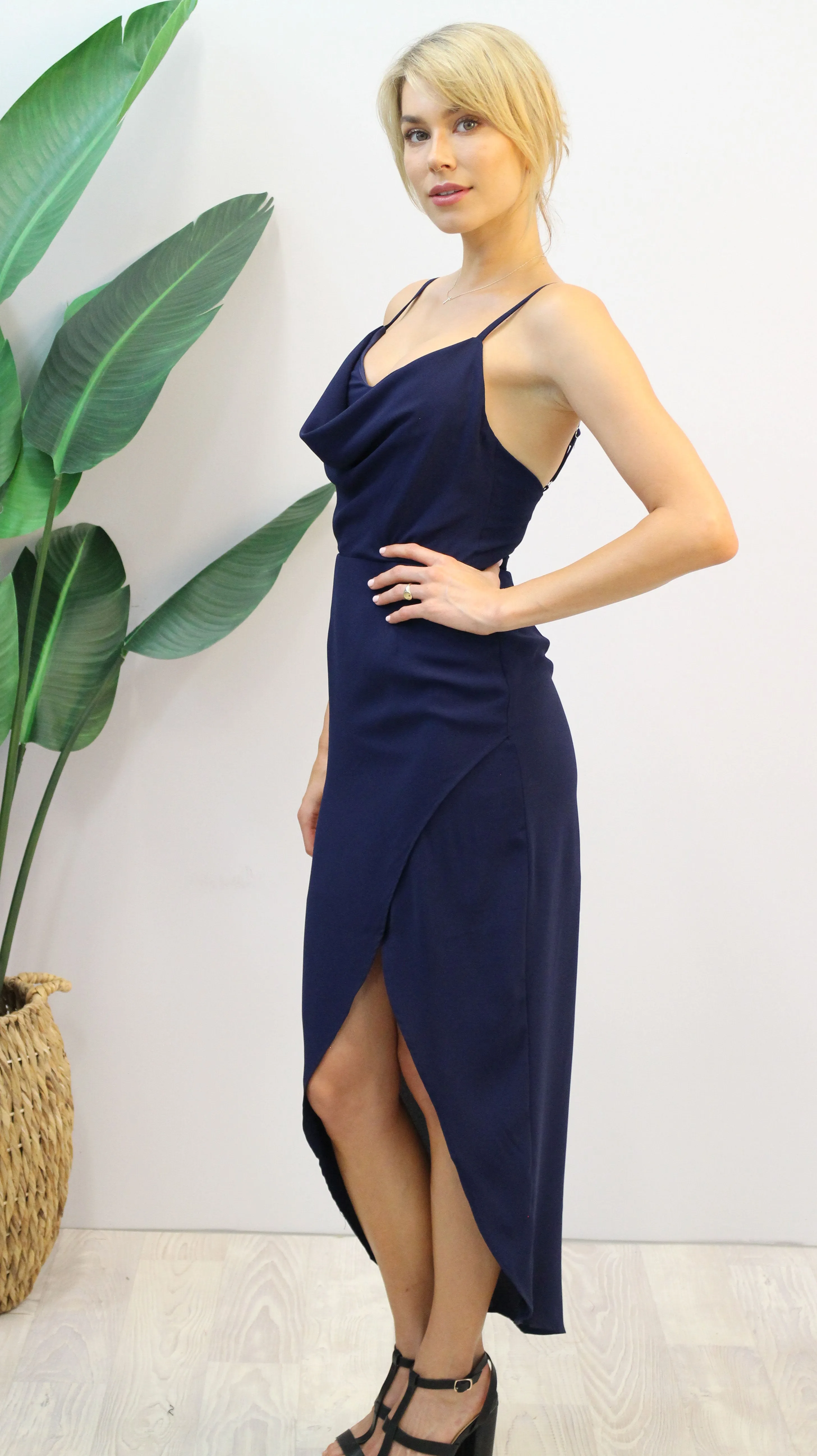 Beckham Navy Cowlneck Evening Dress