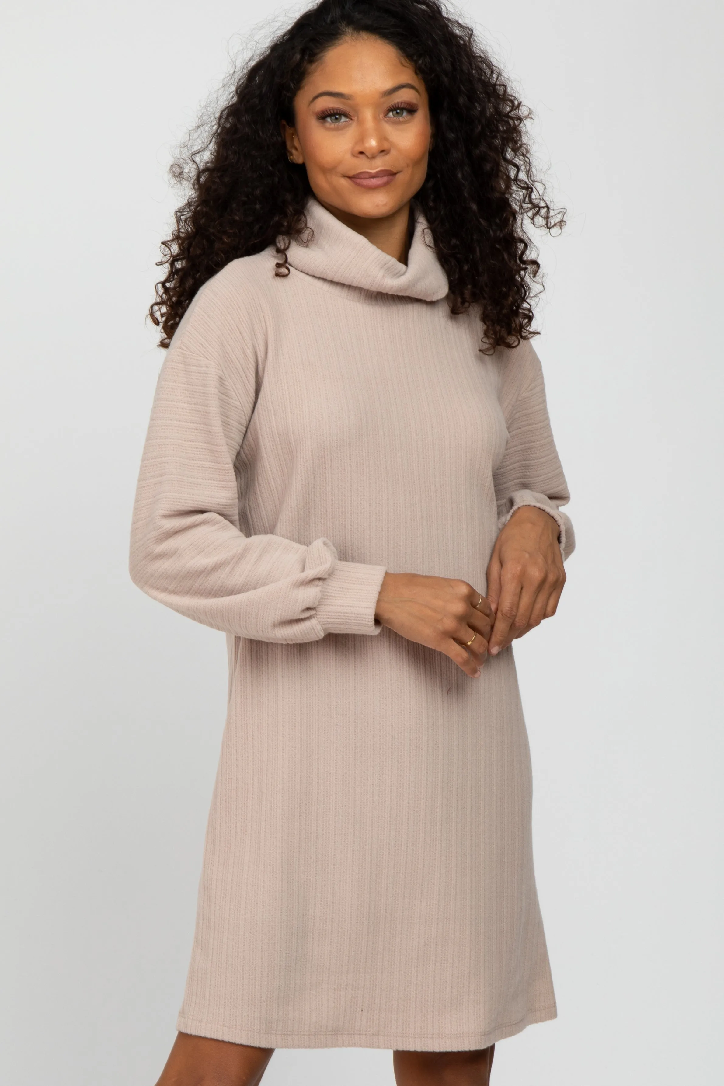 Beige Brushed Rib Turtleneck Maternity Dress