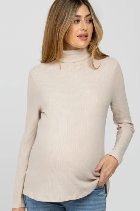 Beige Brushed Rib Turtleneck Maternity Top