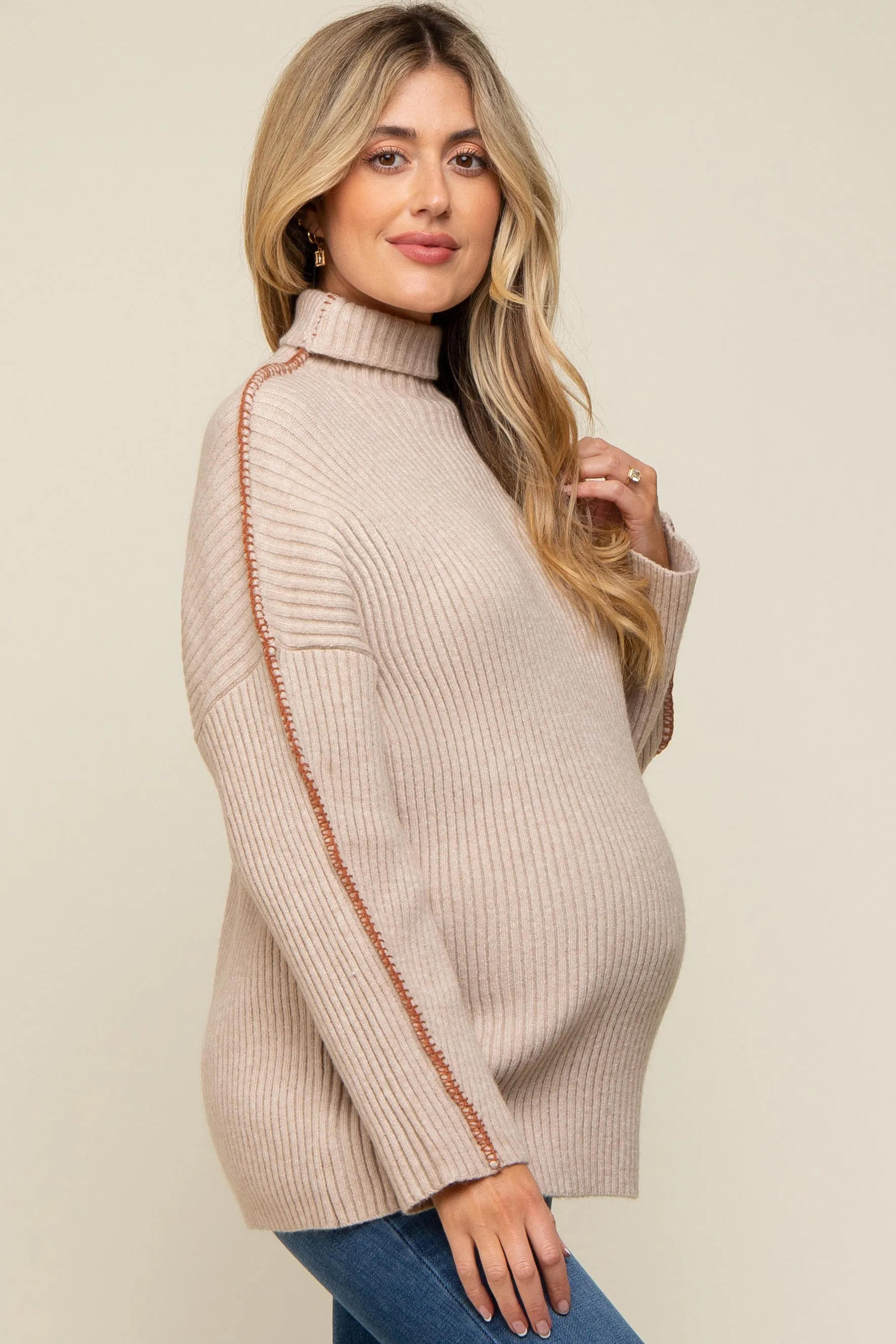 Beige Contrast Stitch Turtleneck Maternity Sweater