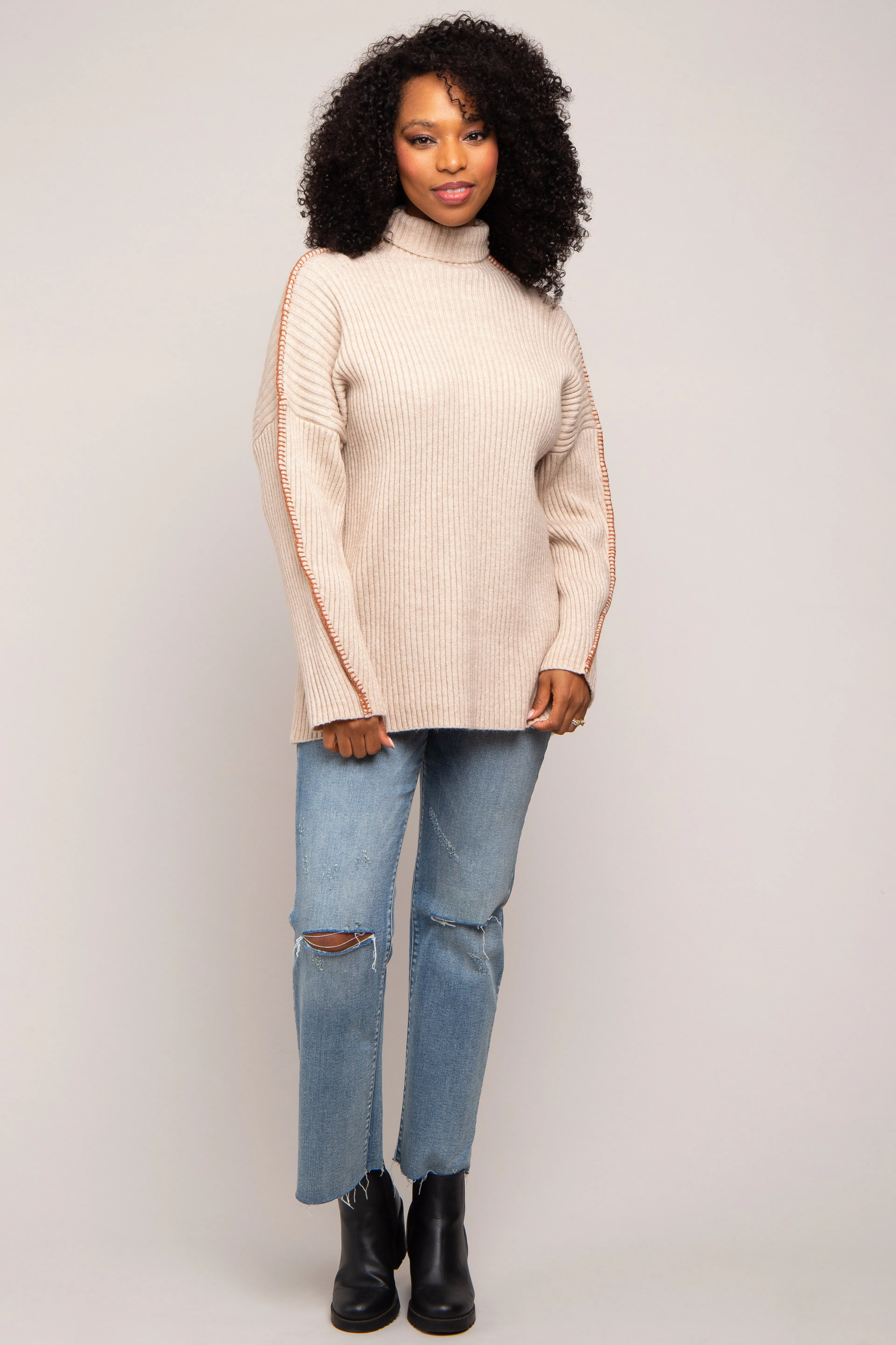 Beige Contrast Stitch Turtleneck Sweater