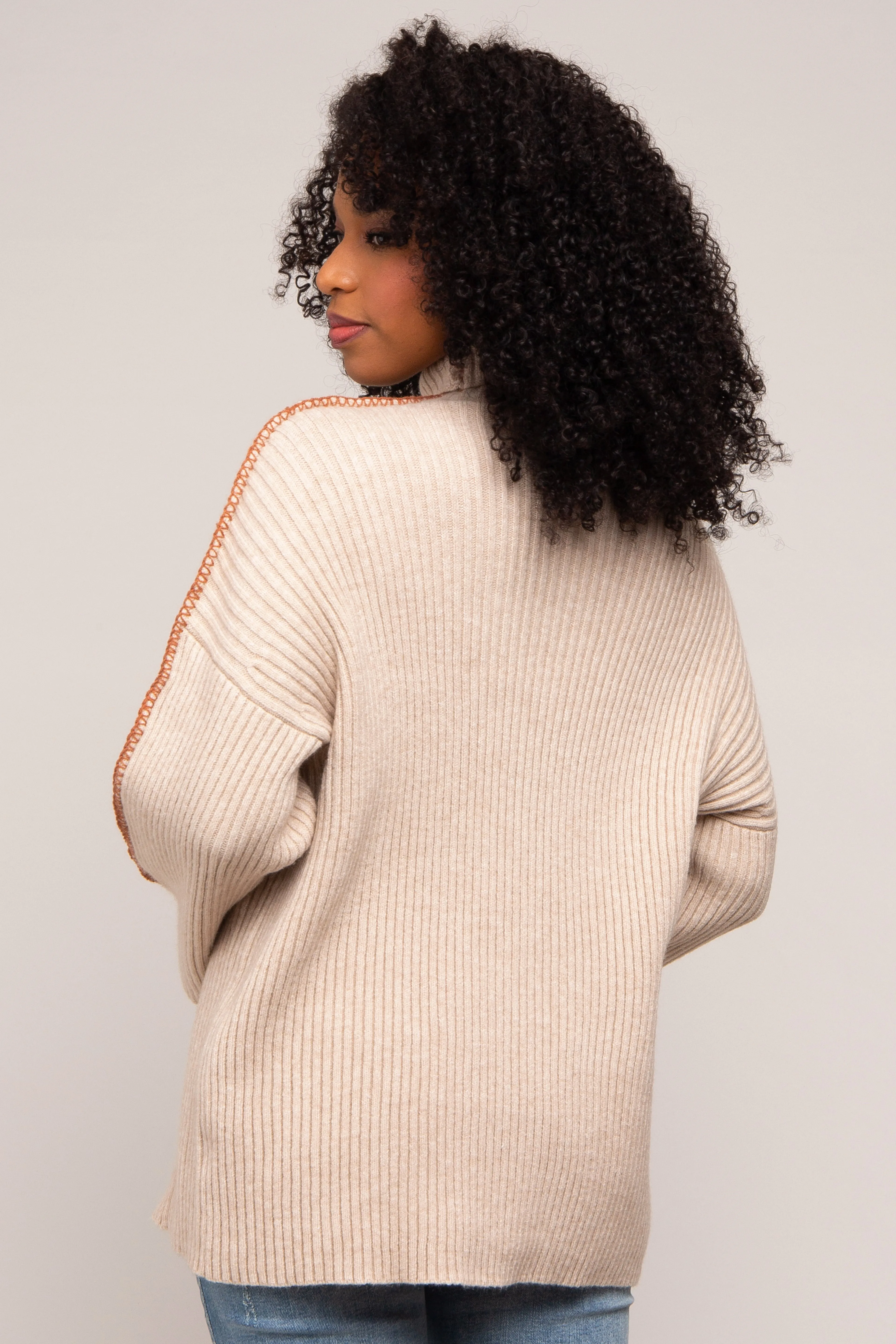 Beige Contrast Stitch Turtleneck Sweater