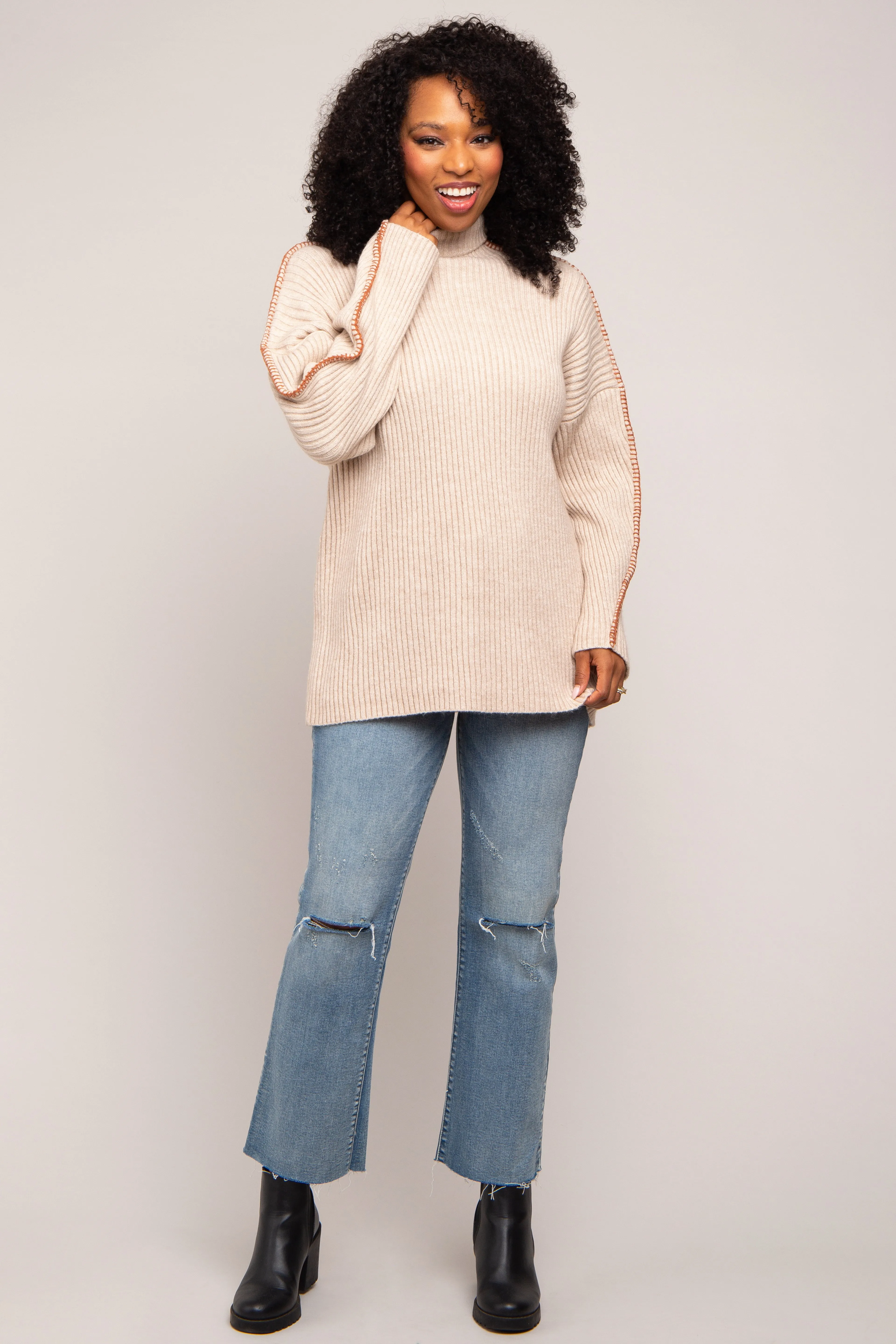 Beige Contrast Stitch Turtleneck Sweater