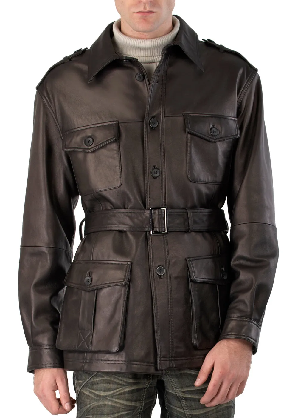 BGSD Men Charles Military Style Lambskin Leather Trench Coat