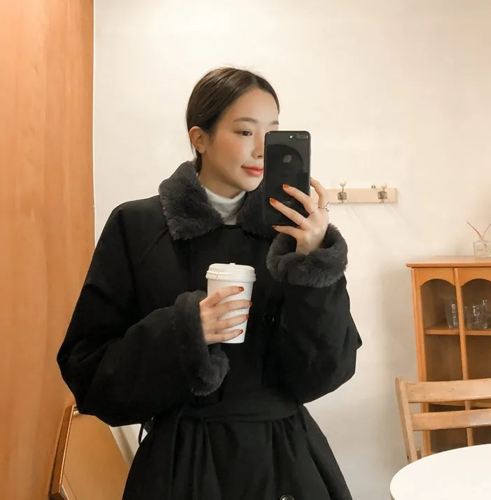 Black Fake fur Puffer Trench Coats Womens Winter Outerwear Waistbelt