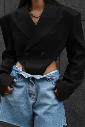 Black Shoulder Pad Suit Tops