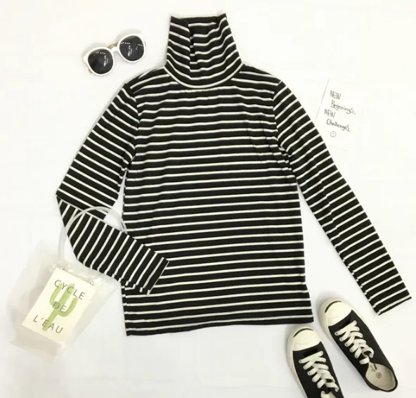 Black Stripe Turtleneck Shirt KF10068