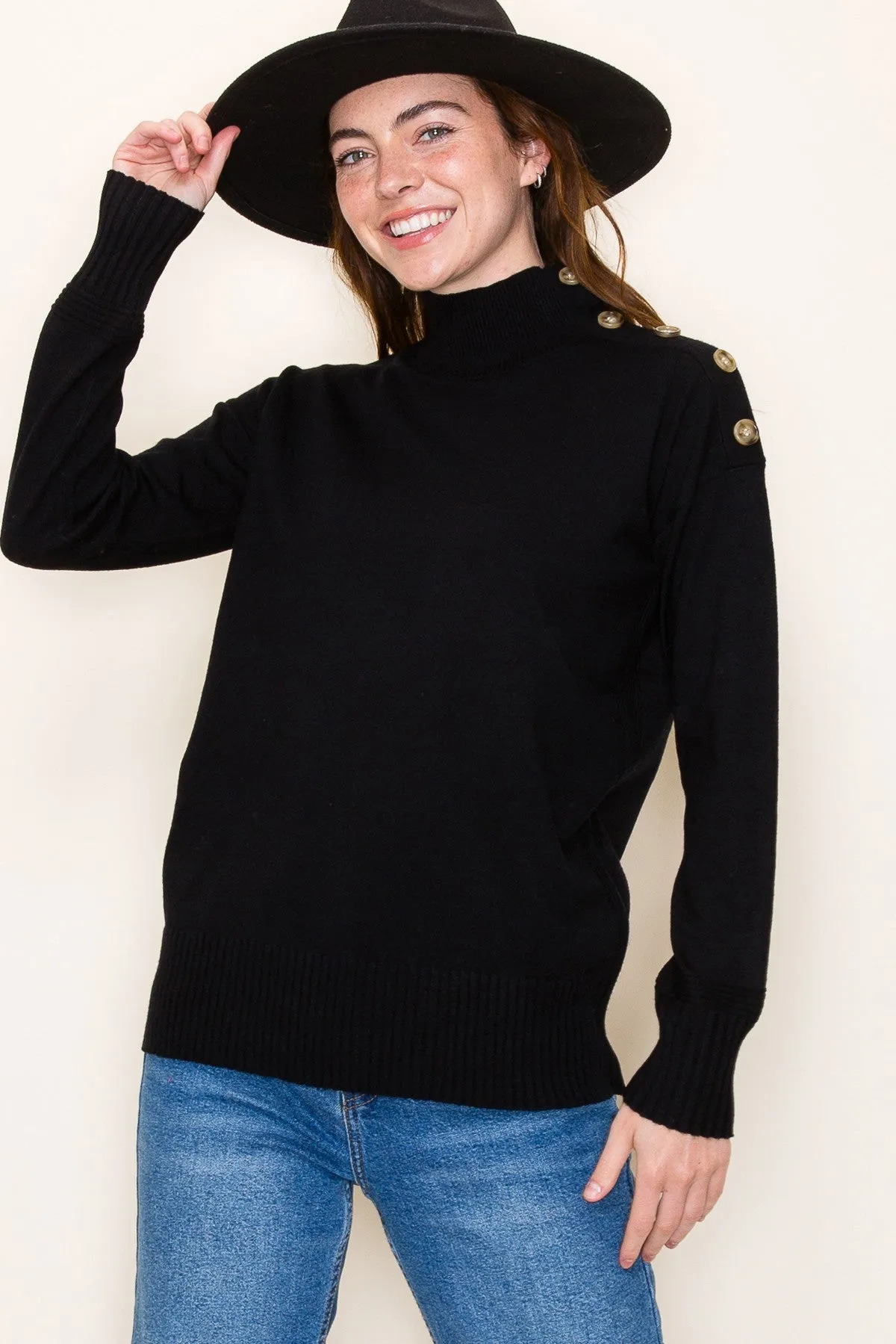 BUTTON SHOULDER TURTLENECK SWEATER