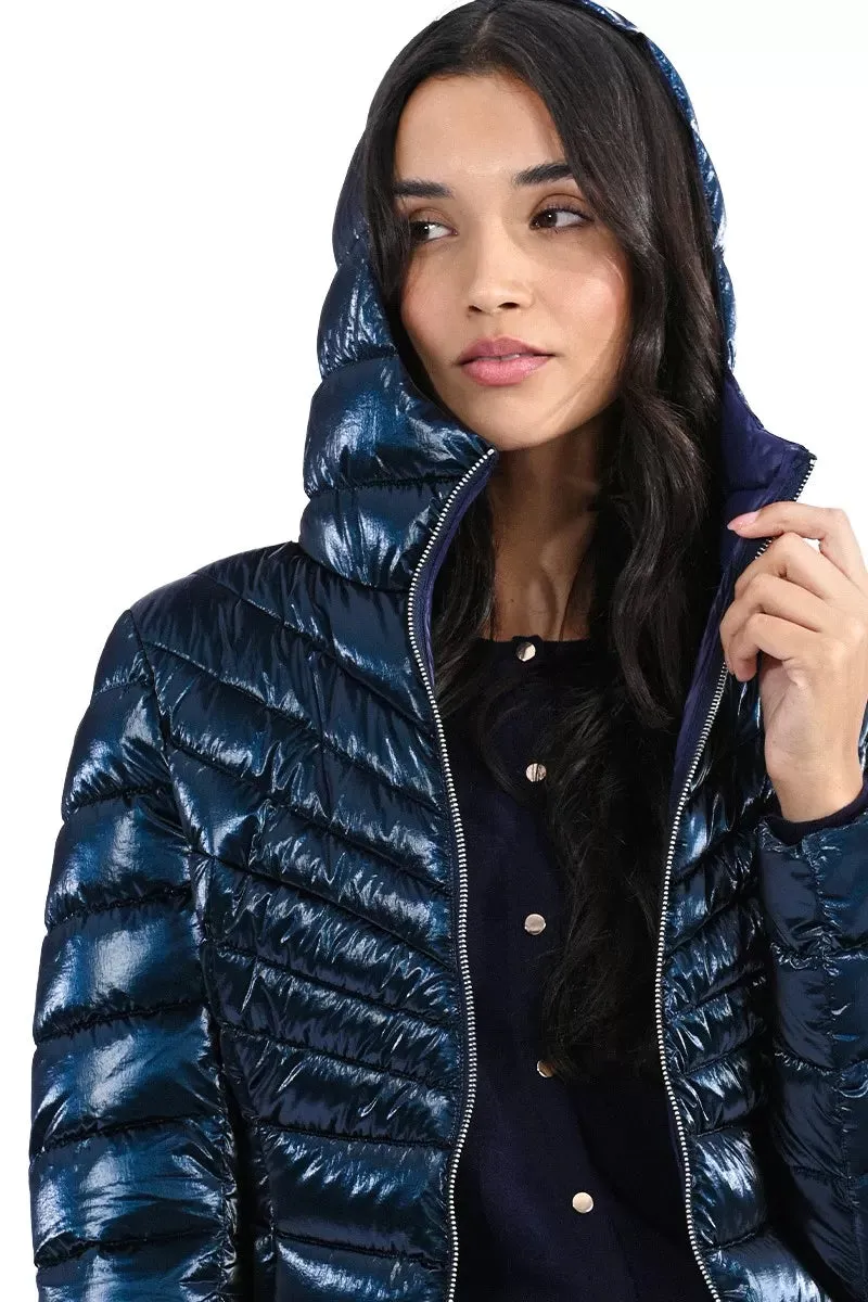 Dark Metallic Blue Hooded Puffer Coat