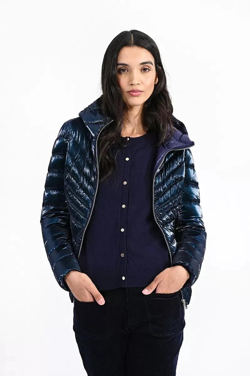 Dark Metallic Blue Hooded Puffer Coat