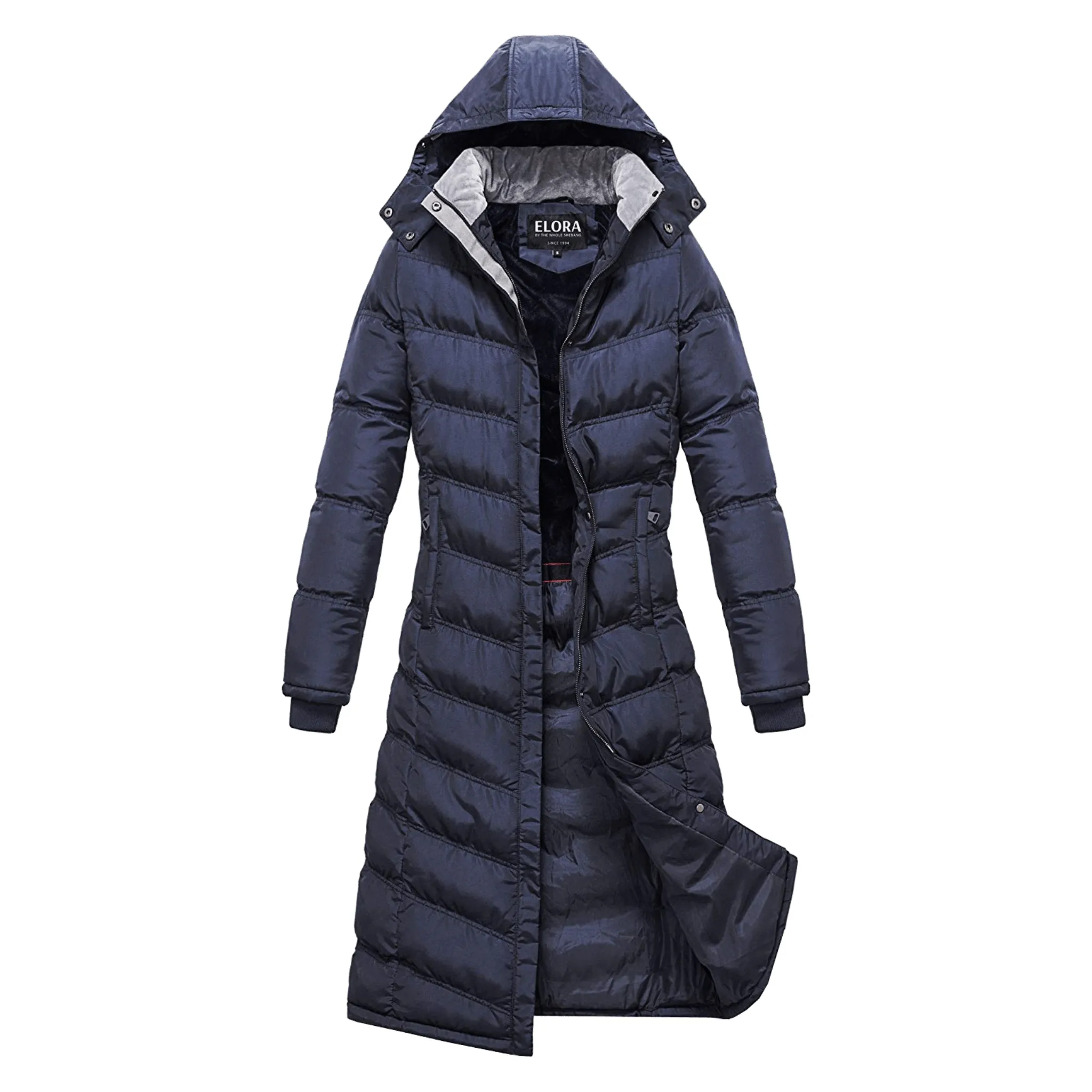 ELORA Womens Water-Resistant Puffer Coat with Hood, Full-Length, and Fleece Lining for Winter