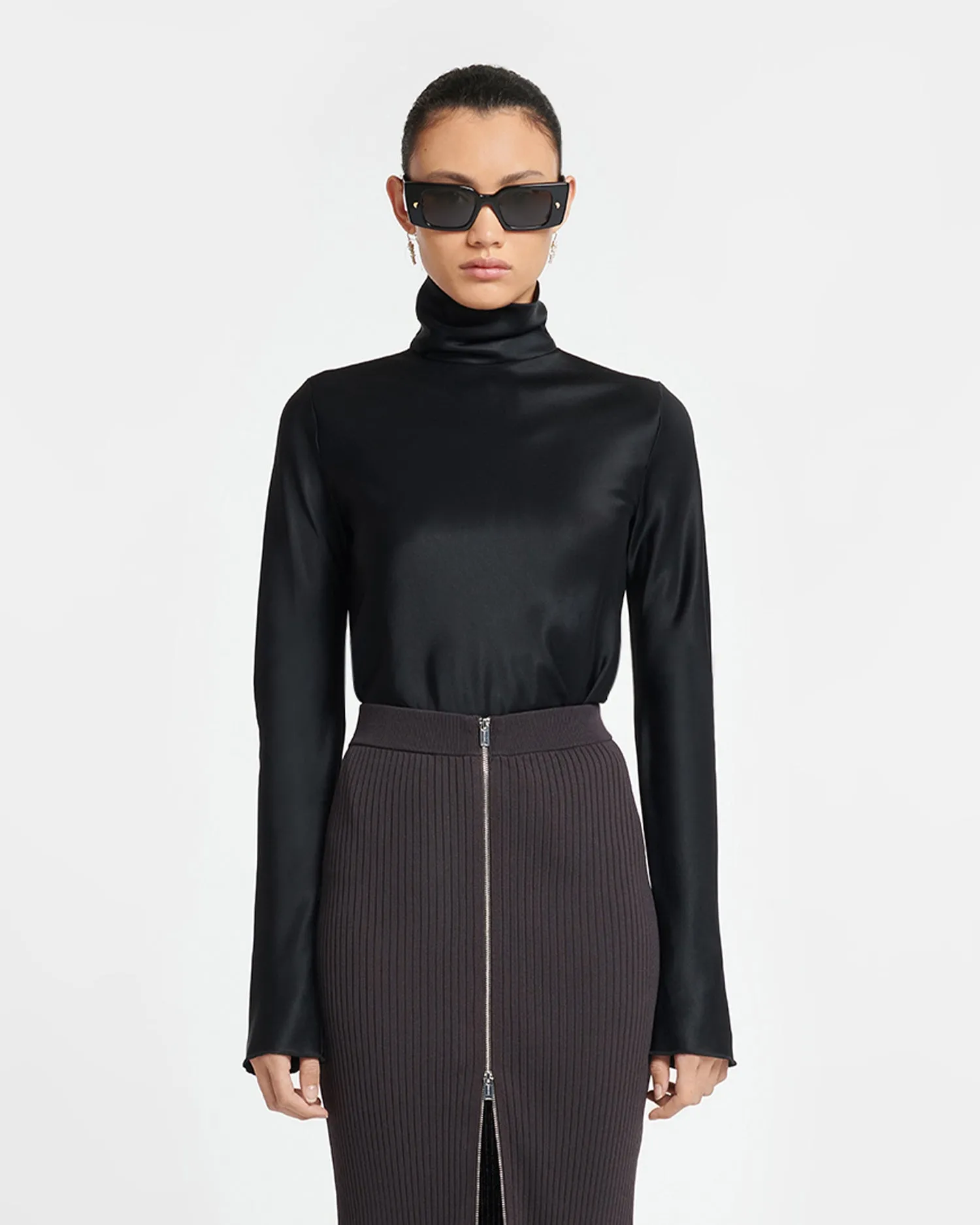 Eva - Slip Satin Turtleneck Top - Black