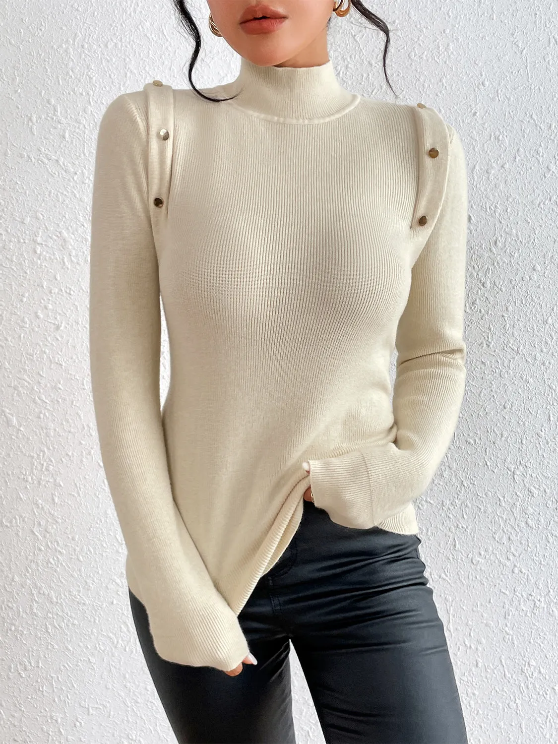 Explore More Collection - Button Detail Turtleneck Knit Top