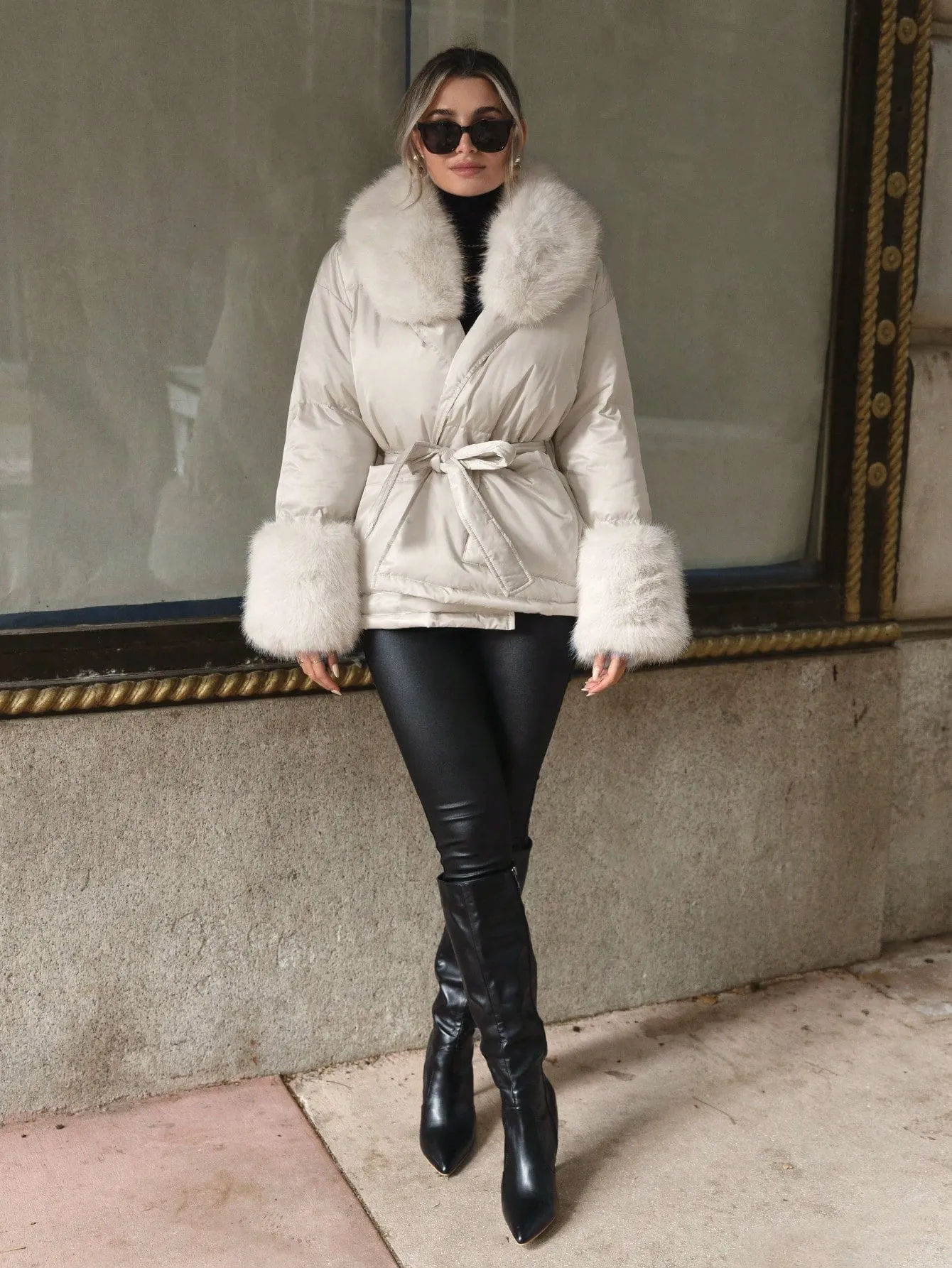 Faux Fur Collar Belted Puffer Coat