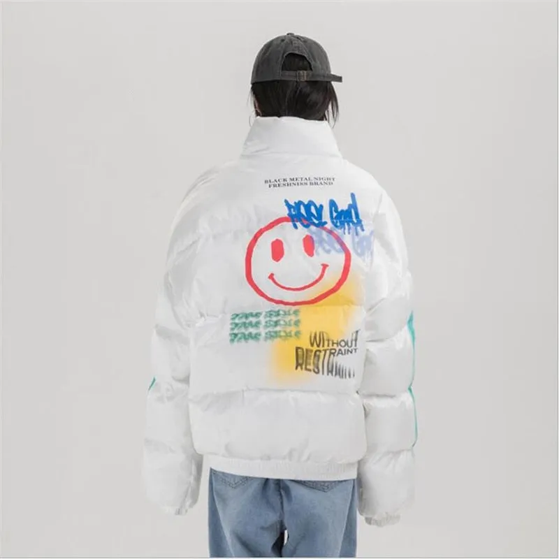 Happy Graffiti Print Puffer coat