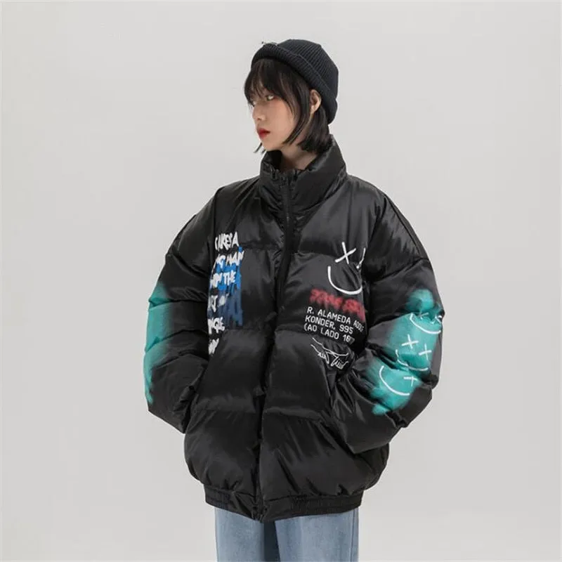 Happy Graffiti Print Puffer coat