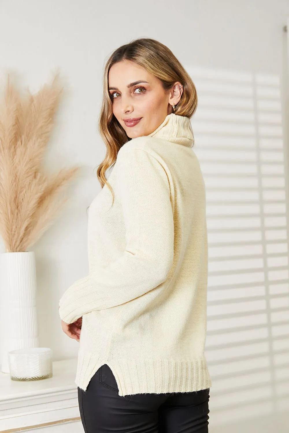 Long Sleeve Turtleneck Sweater with Side Slit in Cream