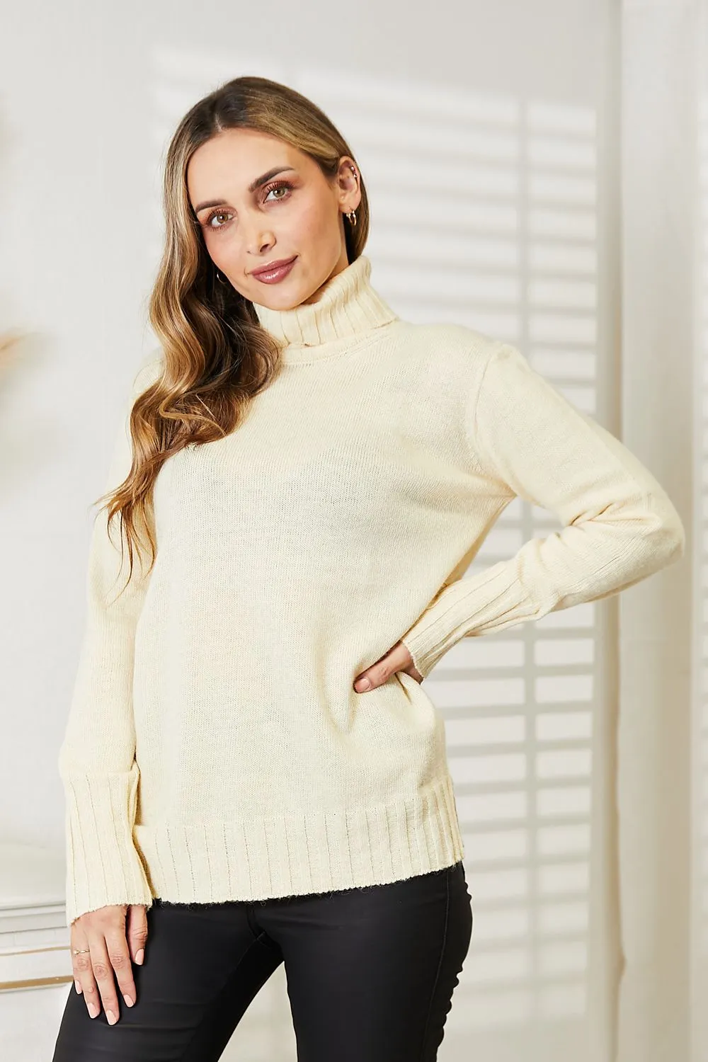 Long Sleeve Turtleneck Sweater with Side Slit in Cream