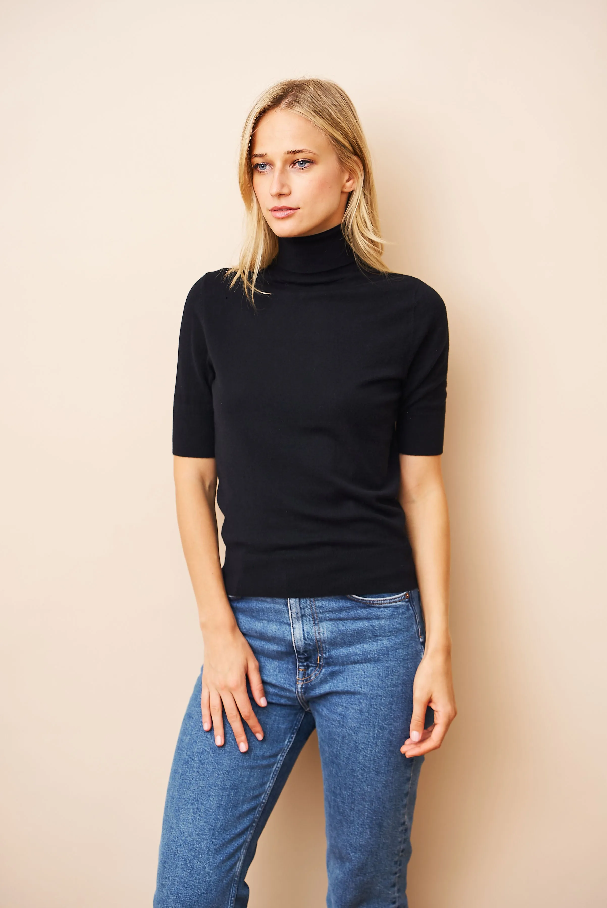 Black Organic Cotton Stretch Elbow Sleeve Turtleneck - Enhanced Title