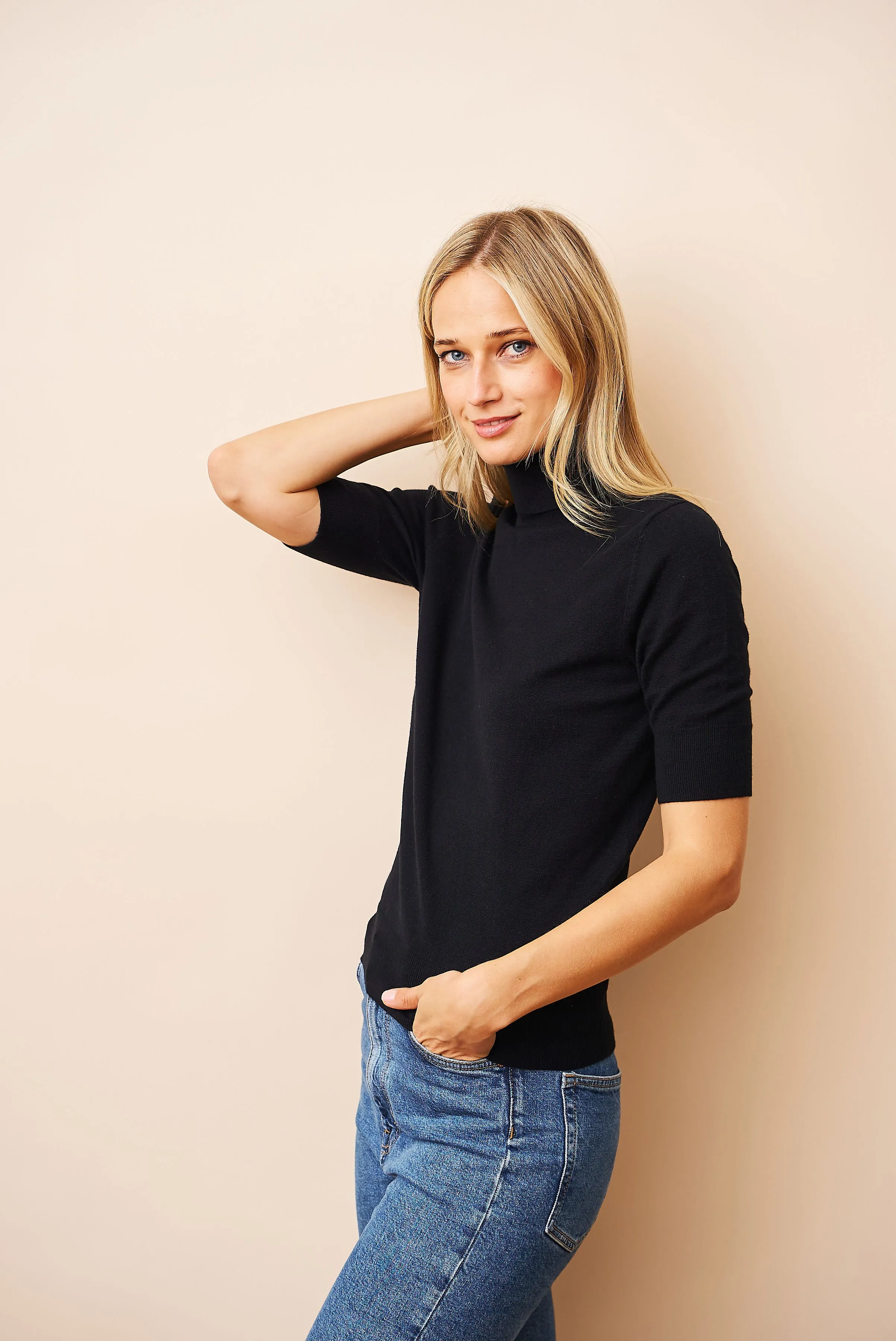 Black Organic Cotton Stretch Elbow Sleeve Turtleneck - Enhanced Title