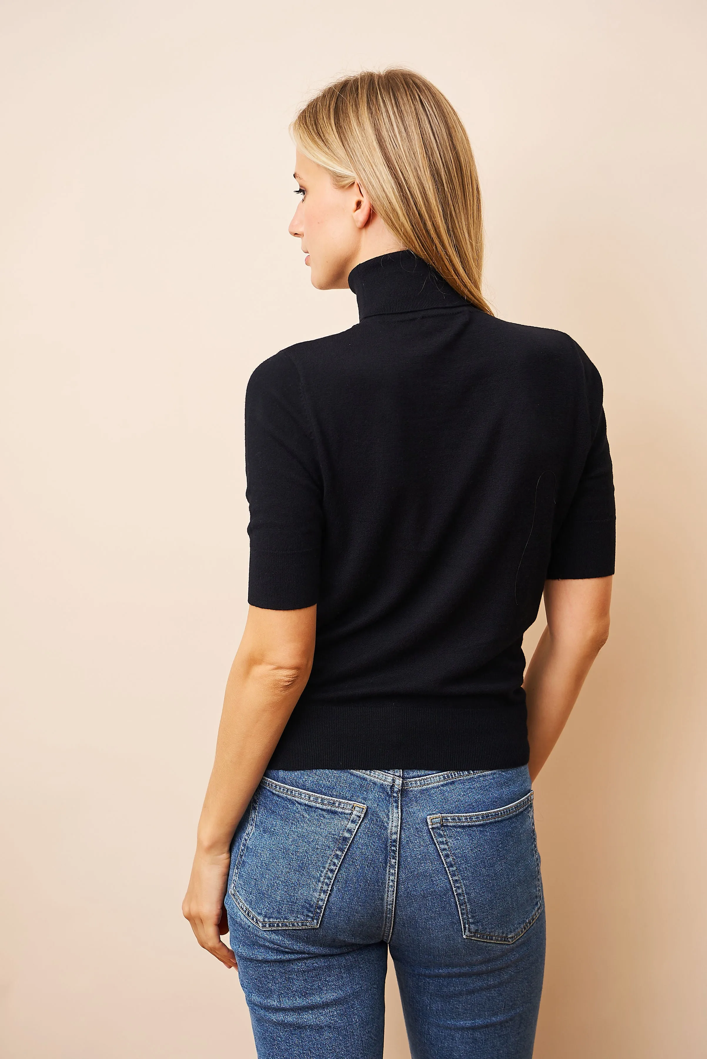 Black Organic Cotton Stretch Elbow Sleeve Turtleneck - Enhanced Title