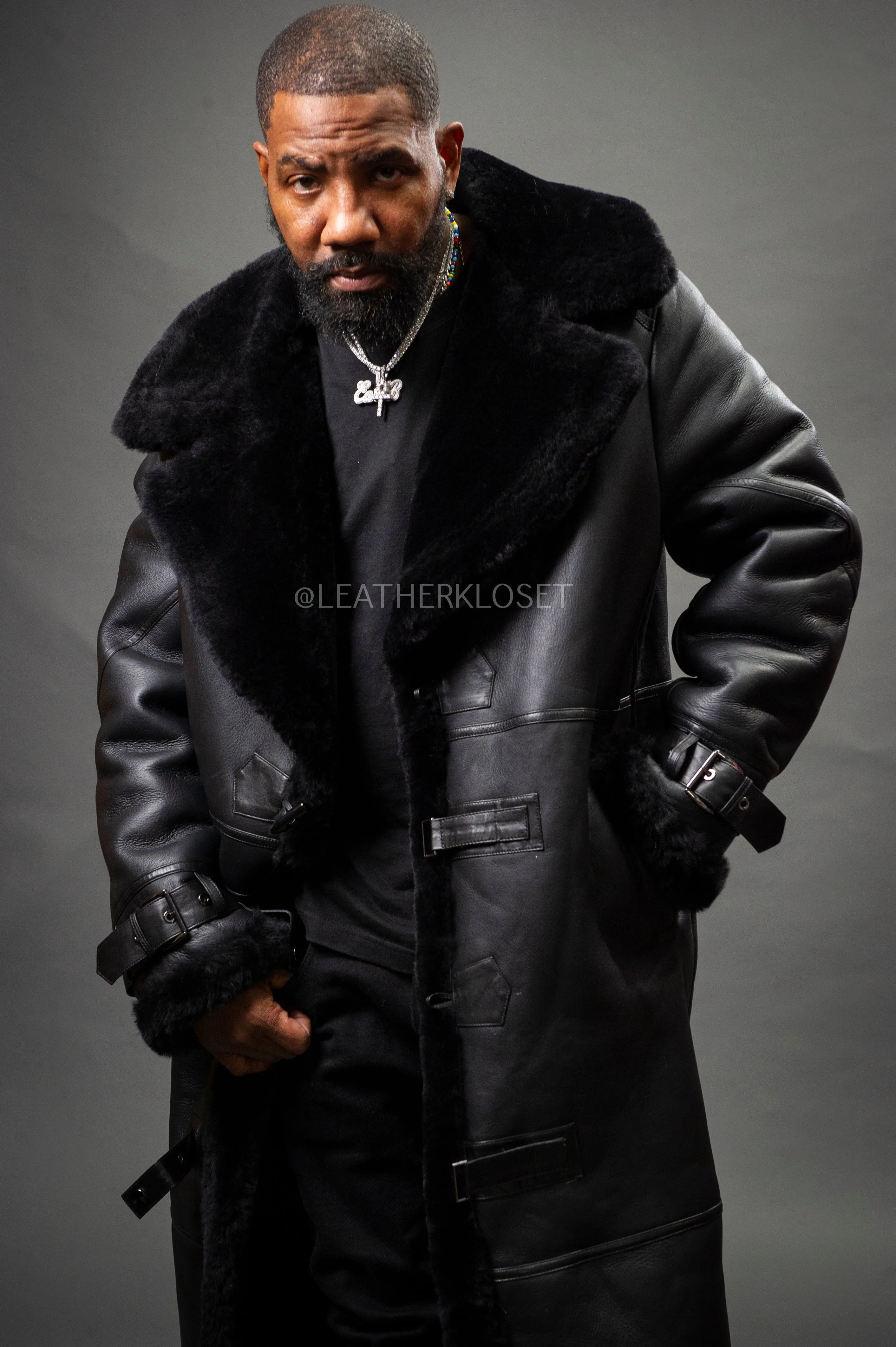 Men's Shearling Trench Coat [Black]