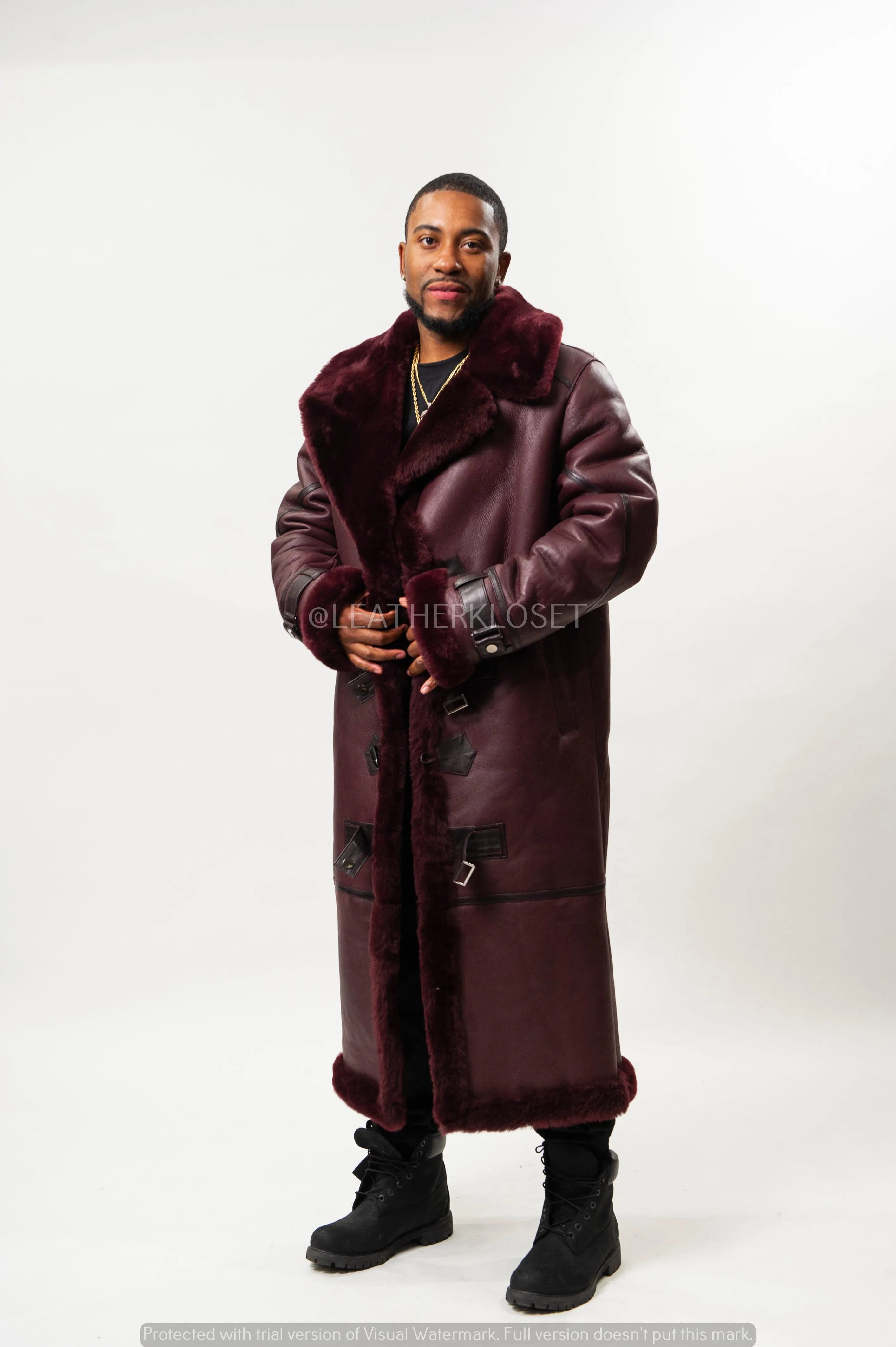 Men's Shearling Trench Coat [Wine]