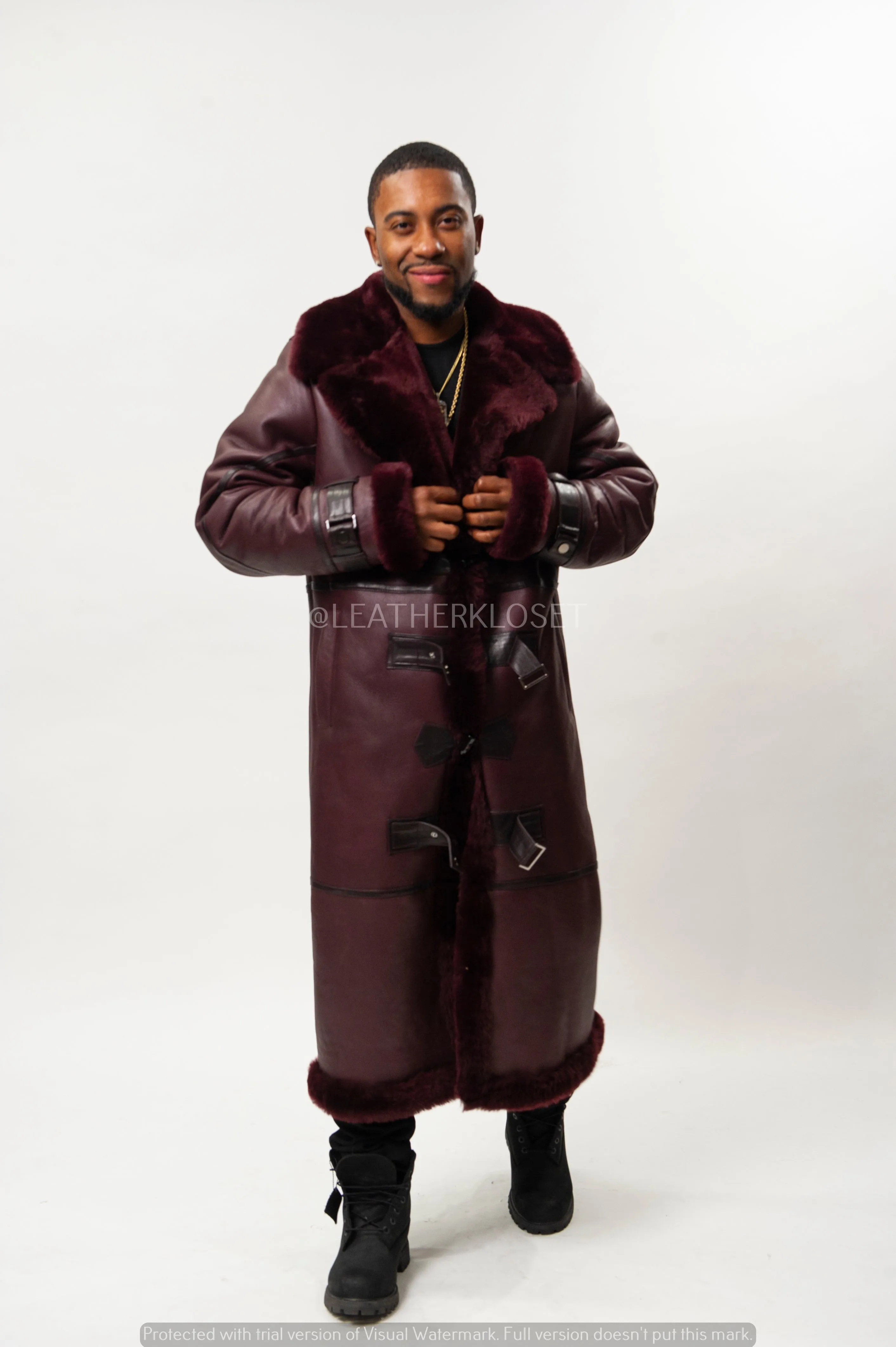 Men's Shearling Trench Coat [Wine]