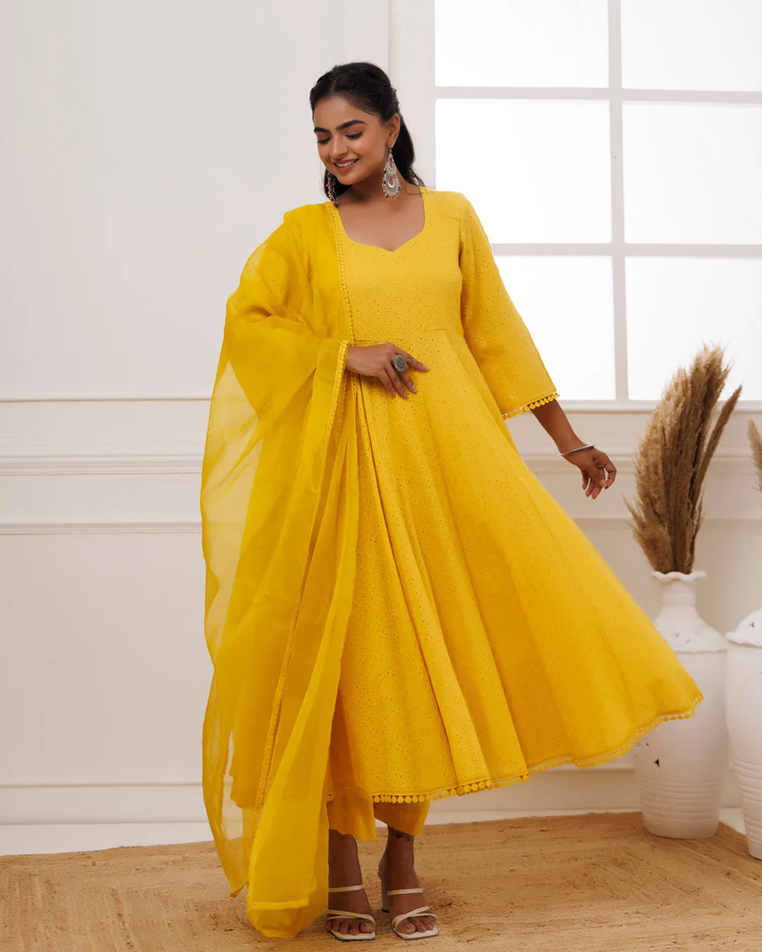 Mustard Schiffili Anarkali Suit Set