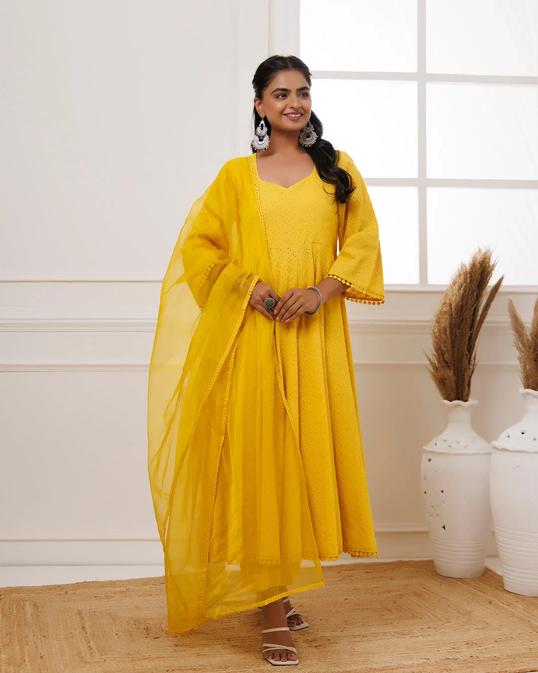 Mustard Schiffili Anarkali Suit Set