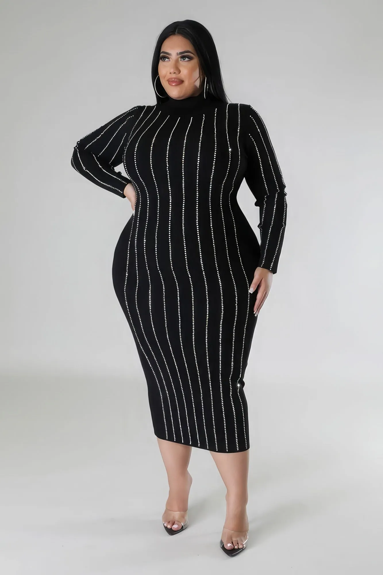 Plus Size Rhinestone Turtleneck Midi Dress