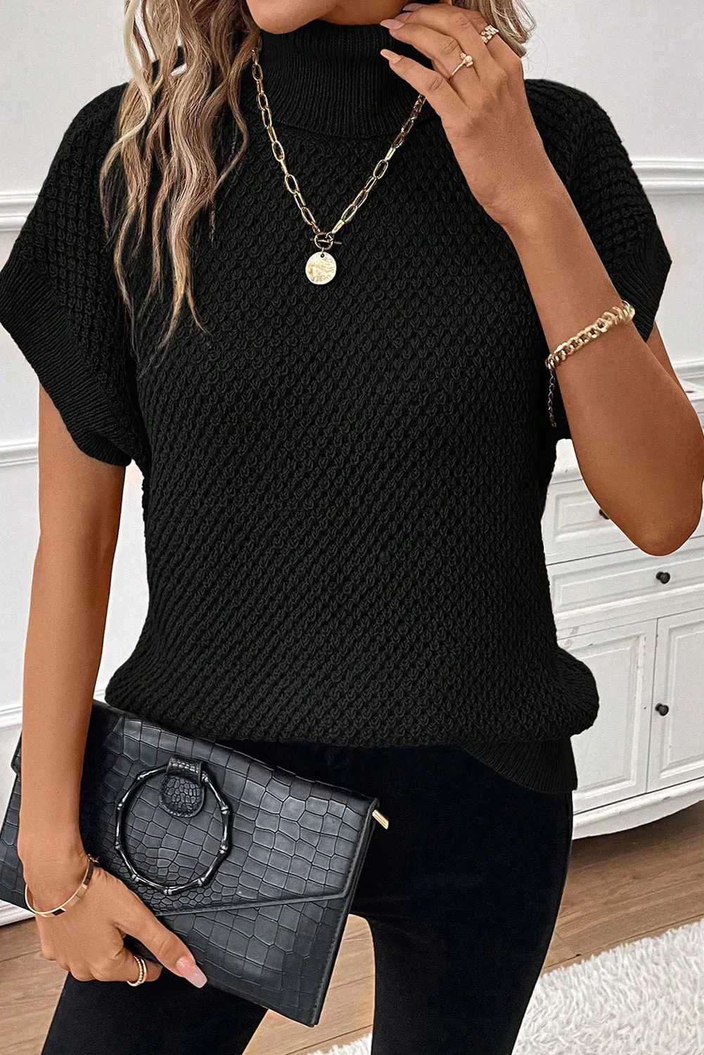 Short Sleeve Turtleneck Textured Black Sweater