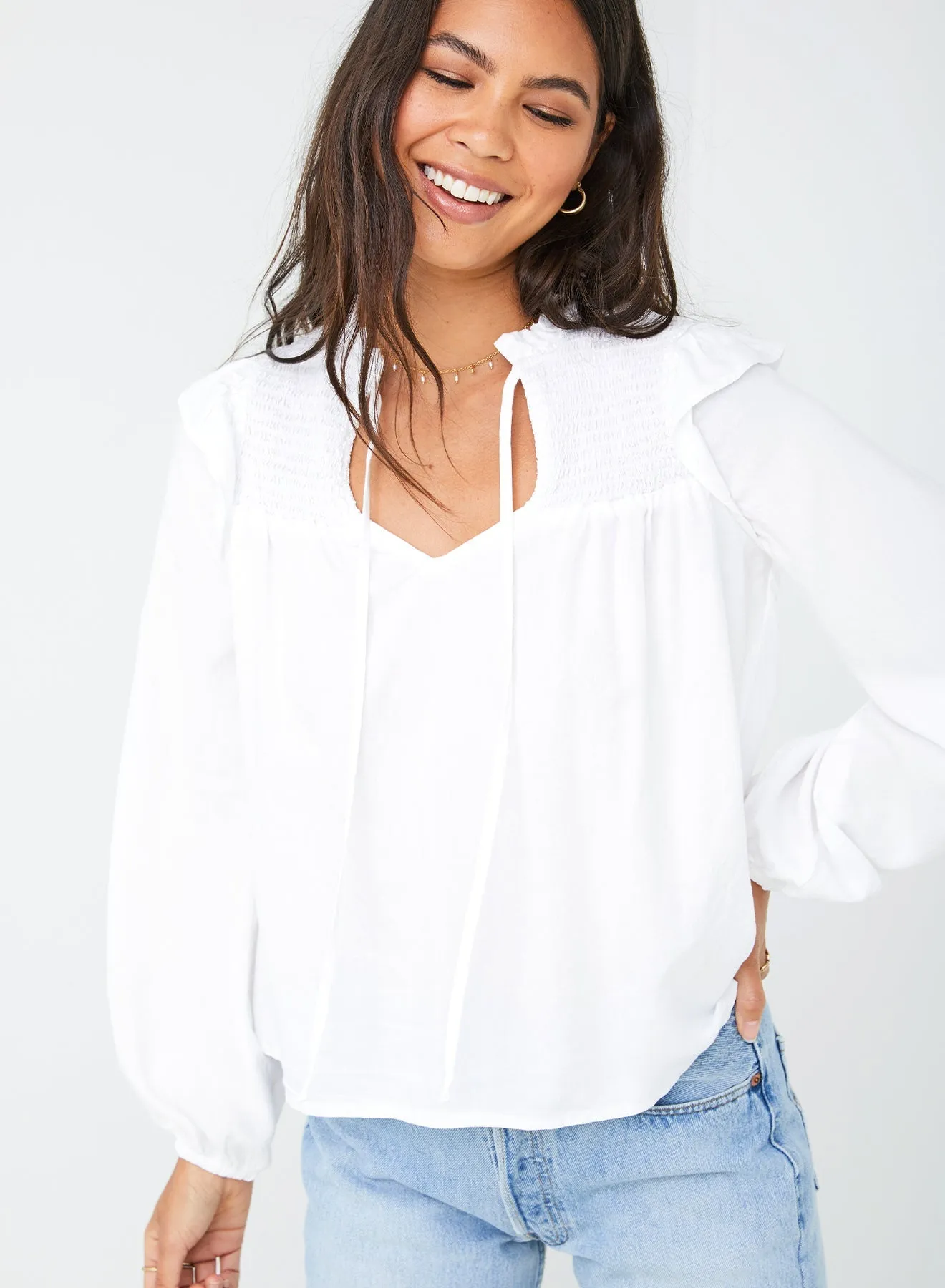 Smocked Ruffle Pullover - White