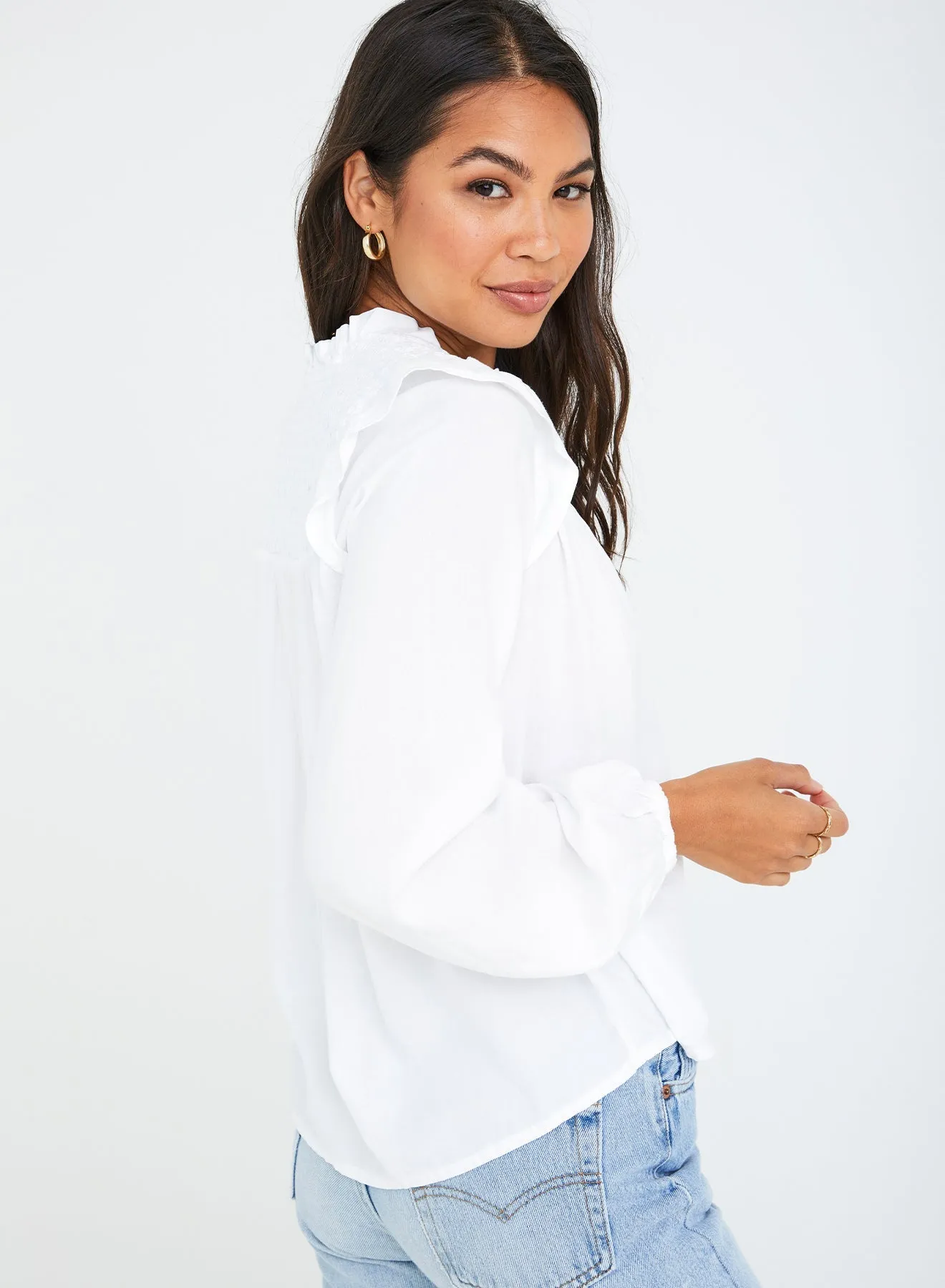 Smocked Ruffle Pullover - White