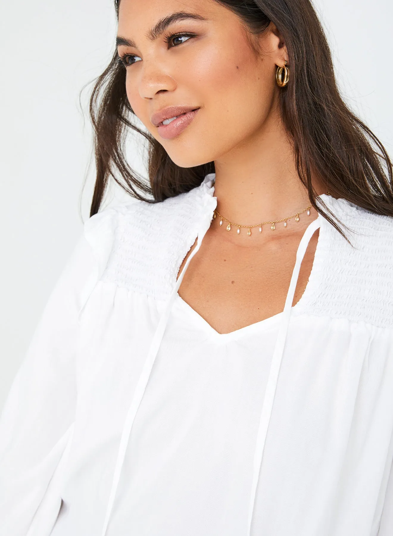 Smocked Ruffle Pullover - White