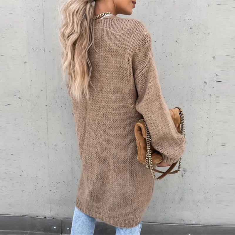 Women Casual Long Sleeve O-Neck Cardigan Solid Loose Knit Coats