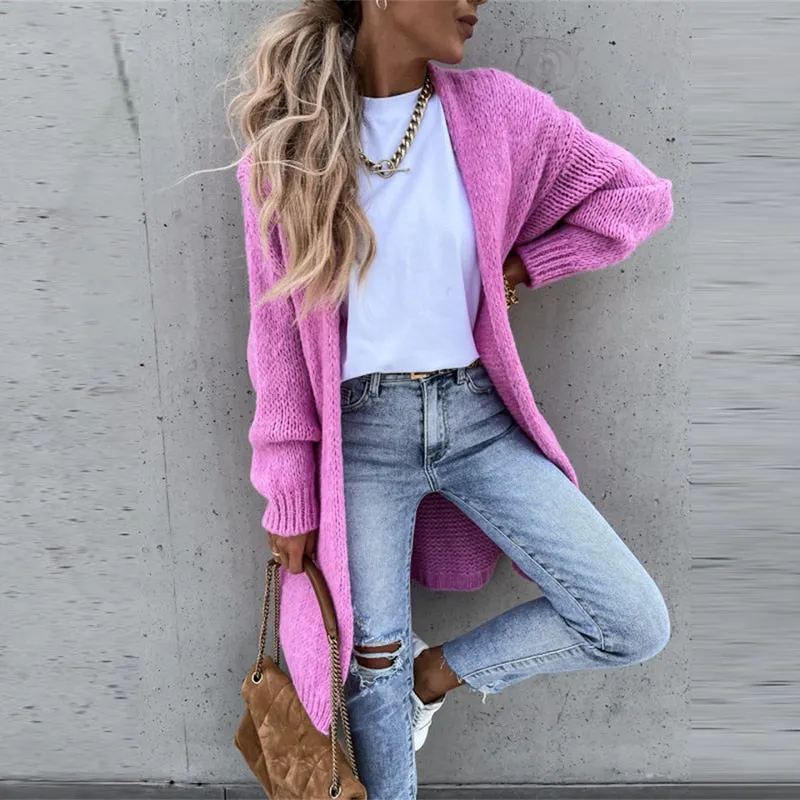 Women Casual Long Sleeve O-Neck Cardigan Solid Loose Knit Coats