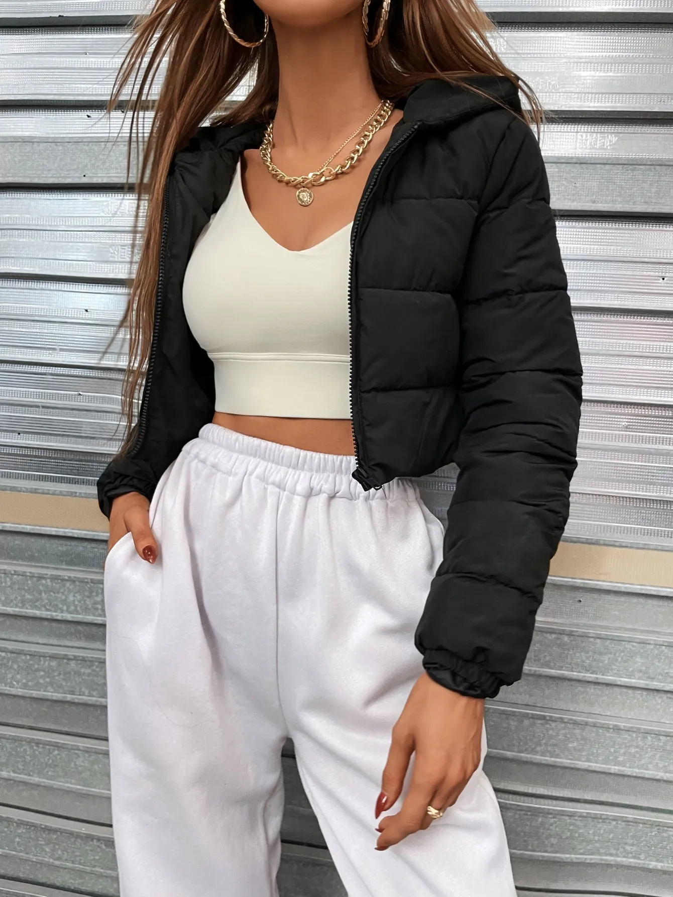 Zip Up Hooded Crop Puffer Coat