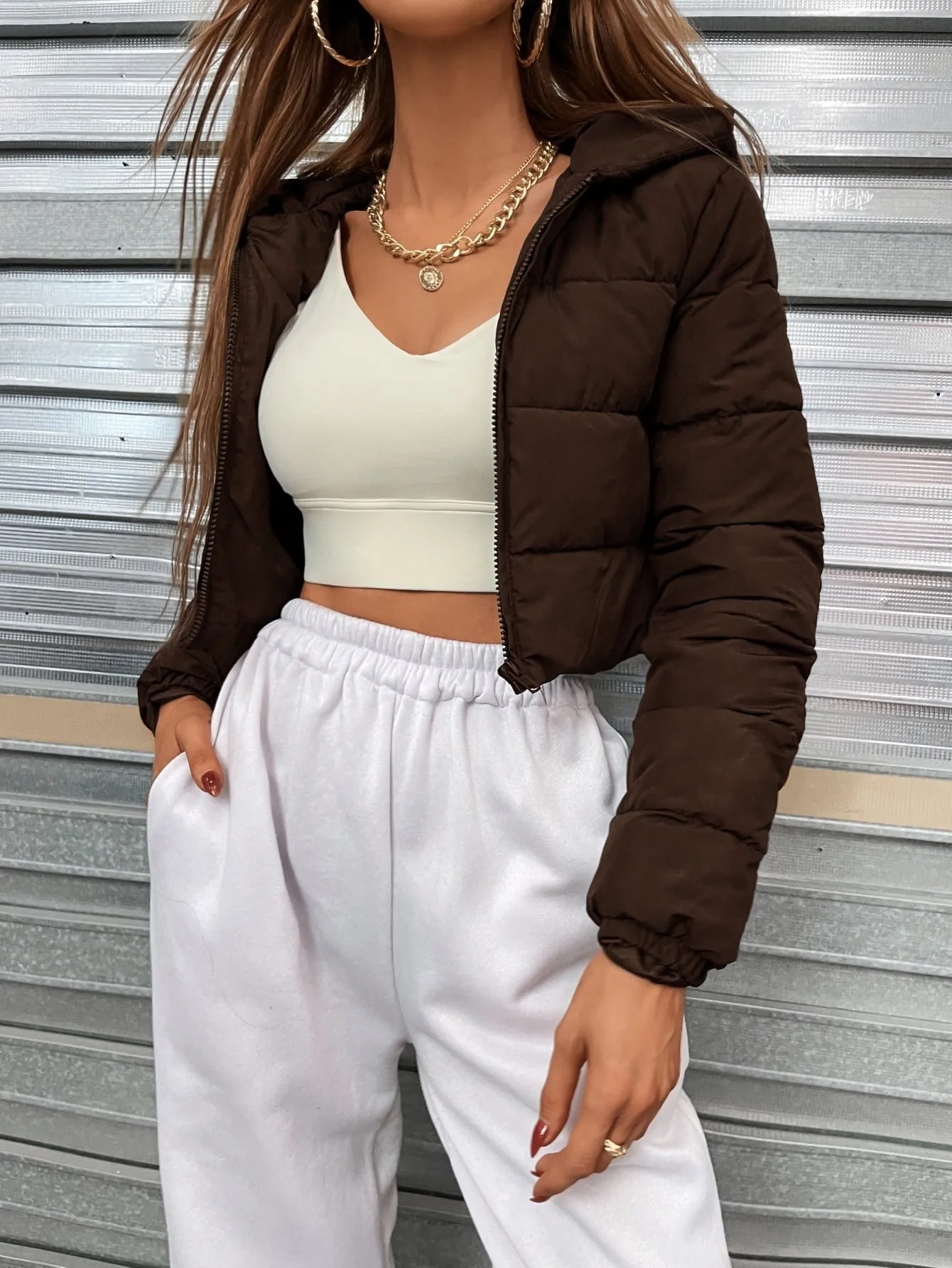 Zip Up Hooded Crop Puffer Coat